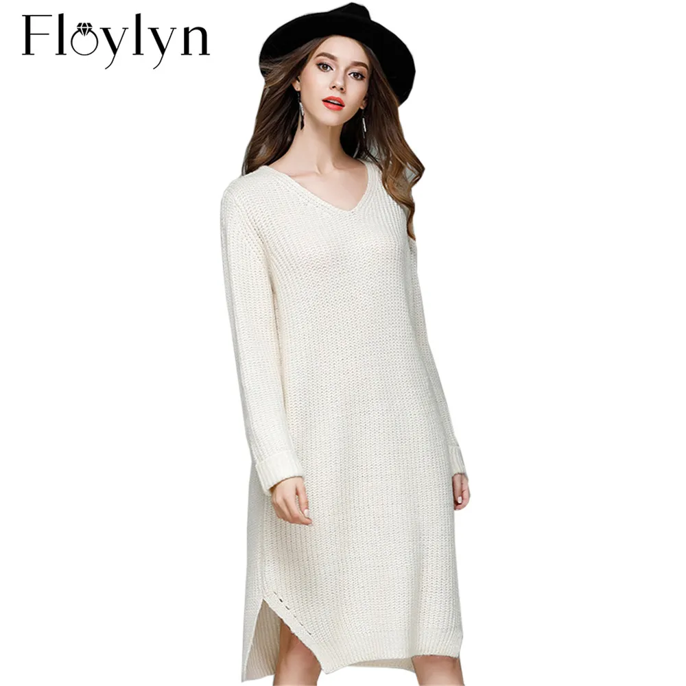 Floylyn Модные женские Kintting платья с длинным рукавом Осень Платье свитер Женская