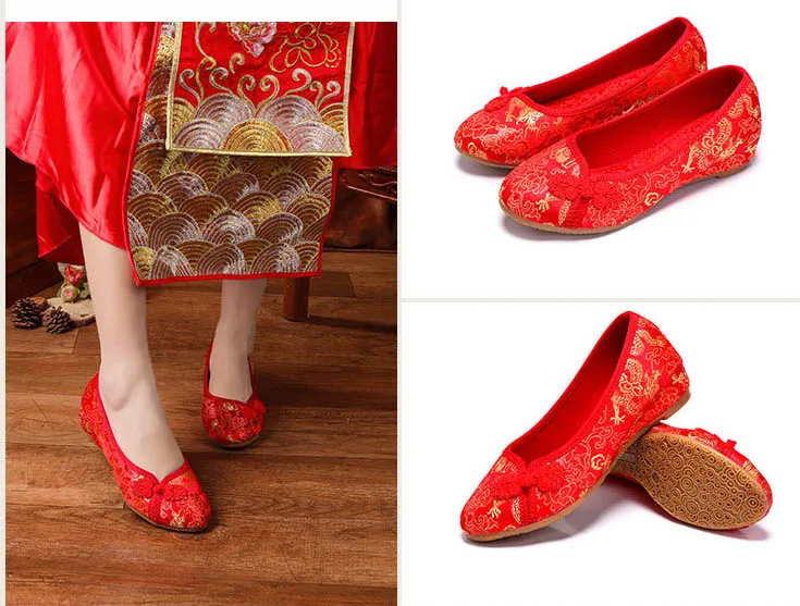 Женские красные туфли на плоской подошве; тонкие туфли в национальном стиле «Старый Пекин»; китайская Свадебная обувь с вышивкой в виде дракона и феникса для невесты; Cheongsam