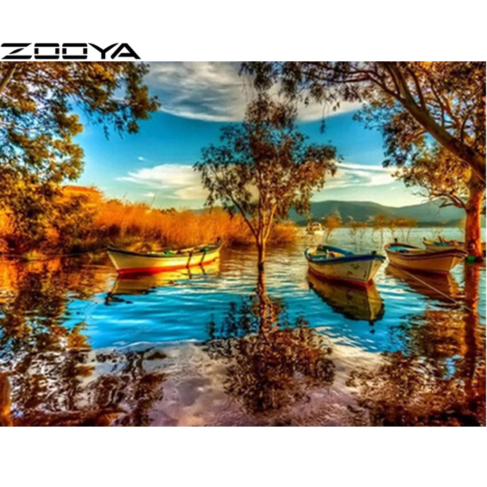 

ZOOYA Diamond Embroidery Hobby 5D DIY Diamond Painting Embroidery With Diamonds Boats Docked By The River Landscape Woods R584