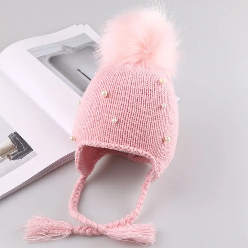 

New Arrival Fashion Toddler Kids Baby Infant Girl Boy Winter Warm Crochet Knit Pearl Pom Pom Hat Adjustable straps Beanie Cap