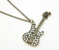vintage retro bronze rhinestone crystal music guitar pendant necklace sweater long chain necklaces jewelry
