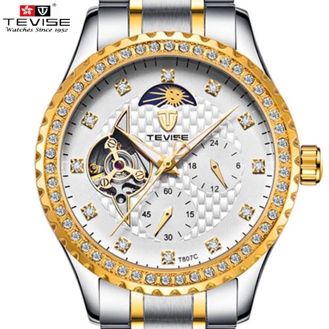 Tevise Мужские механические Самовзводные часы Нержавеющая сталь Moon Phase Tourbillon