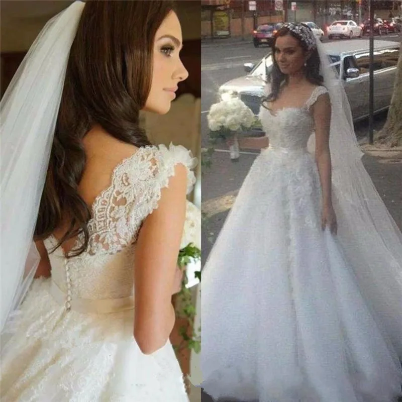 

Vestidos de novia New Arrival White lace Wedding Dress 2020 Sweetheart Cap Sleeve sweep Train A-Line Appliques Tulle Bridal Gown