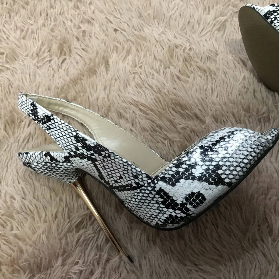 

Women Stiletto Thin Iron High Heel Sandals Sexy Sling Back Peep Toe White Snakeskin Party Bridal Ball Lady Shoe 3845-g12