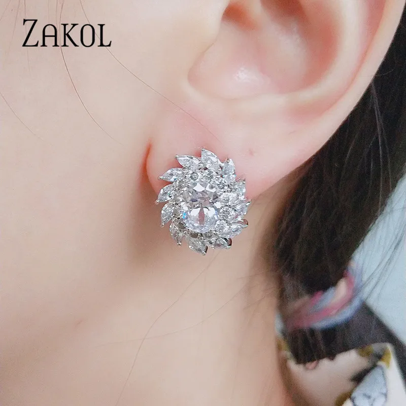 ZAKOL классические серьги гвоздики с овальным кубическим цирконием для женщин