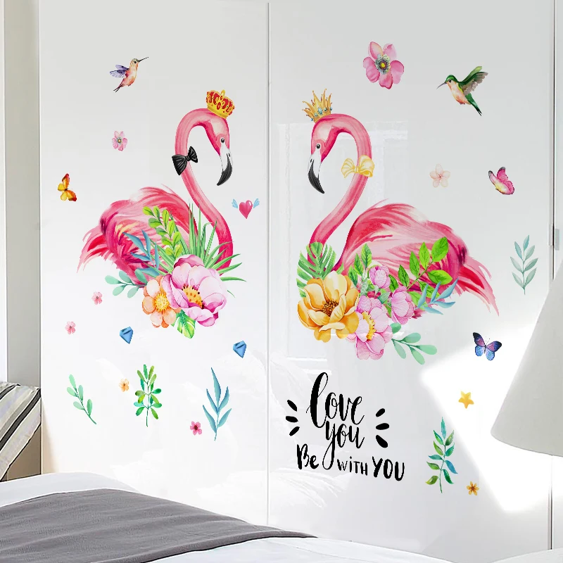[shijuekongjian] Romantic Flamingo Wall Sticker DIY Plant Leaves Animals Decals for Kids Rooms Baby Bedroom Decoration | Дом и сад