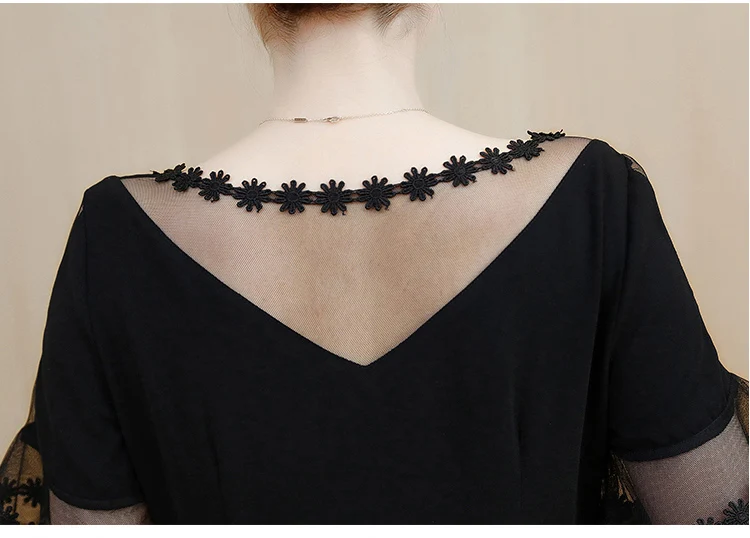 New Summer Big Size Dresses Women Mesh Lace Pathwork Short Flare Sleeve Black Dress Plus 2xl 3xl 4xl 5xl Vestidos De Festa | Женская