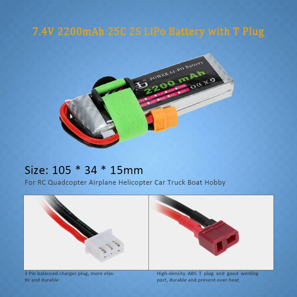 7 4 V 2200mAh 25C 2S LiPo аккумулятор для радиоуправляемого квадрокоптера самолета 1/16 TRAXXAS