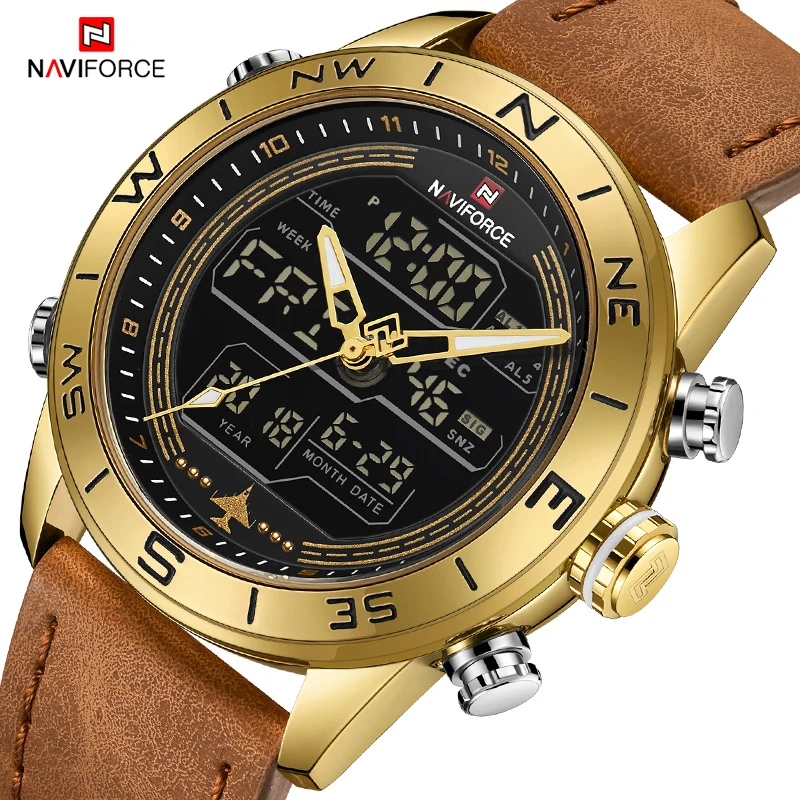 NAVIFORCE 9144 Fashion Gold Men Sport Watches Mens LED Analog Digital Watch Army Military Leather Quartz Watch Relogio Masculino