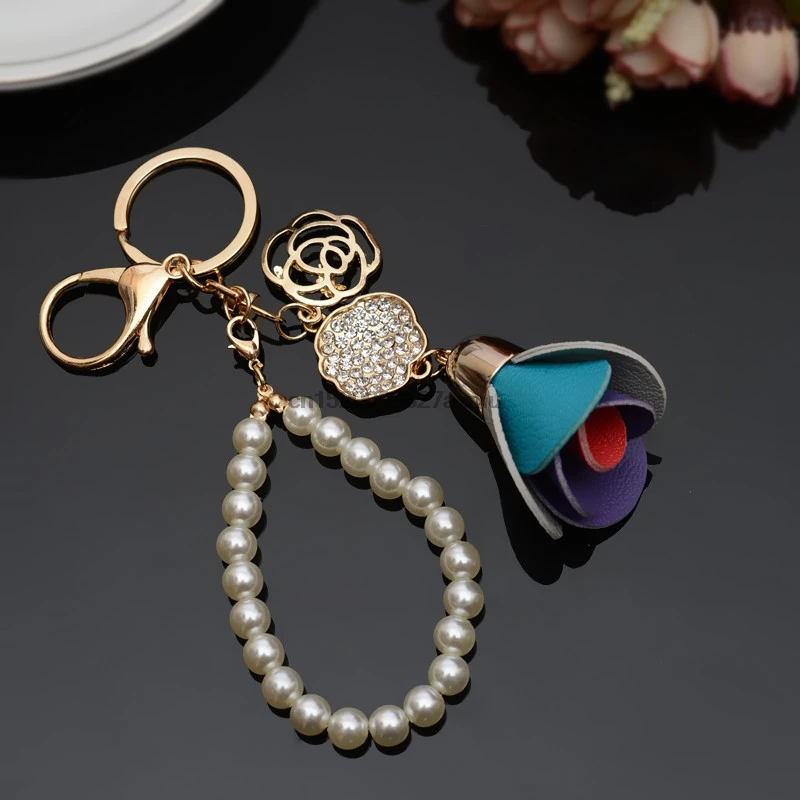 100PCS Camellia Leather Tassels Keychain Bag Pendant Car Ornaments Creative Gifts Long Key Chain Buckle Ring | Украшения и