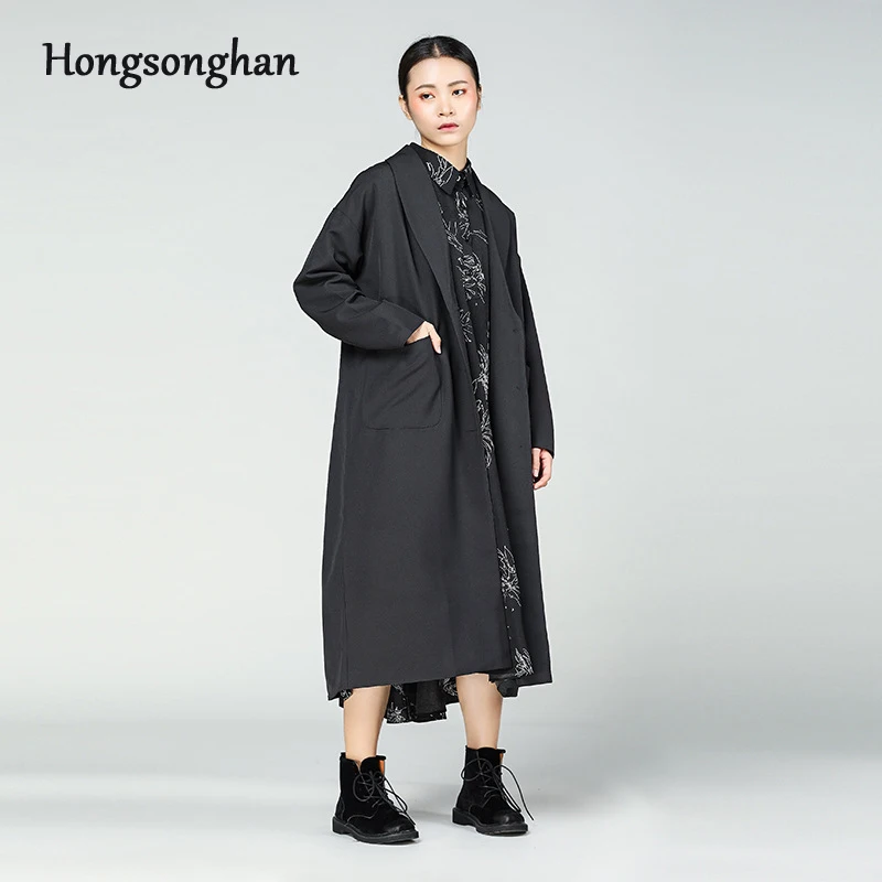 Hongsonghan/2018 г. весеннее темно британское пальто с длинными рукавами Черная куртка