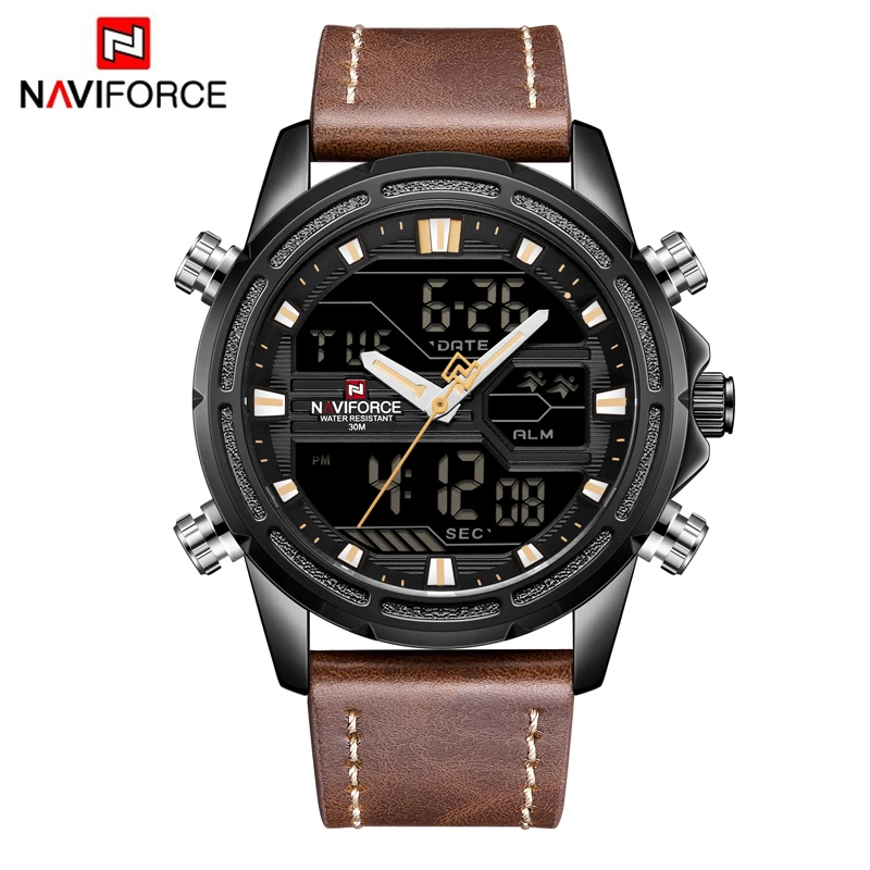 NAVIFORCE мужские часы люксовый бренд мужские кожаные спортивные часы мужские кварцевые светодиодный цифровые часы водонепроницаемые военные наручные часы