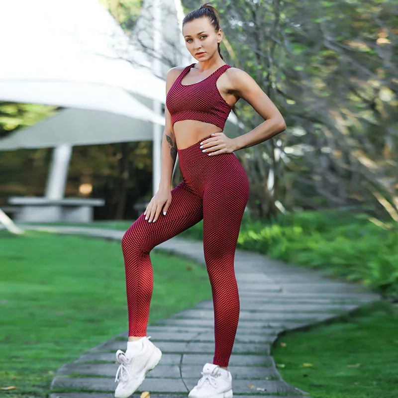 Red Suit SALSPOR женский костюм для йоги спортивный комплект с волнистой точкой из двух частей стрейч спортивные штаны для спортзала топы Спортивные беговой костюм набор для тренировок Набор для йоги - Цвет: Red Suit