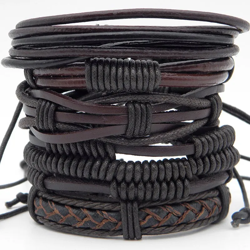 5pcs/set Trendy Male leather Braided Wrap bracelets Multilayer Men's Vintage Wristband Jewelry Brown Xmas Gift | Украшения и