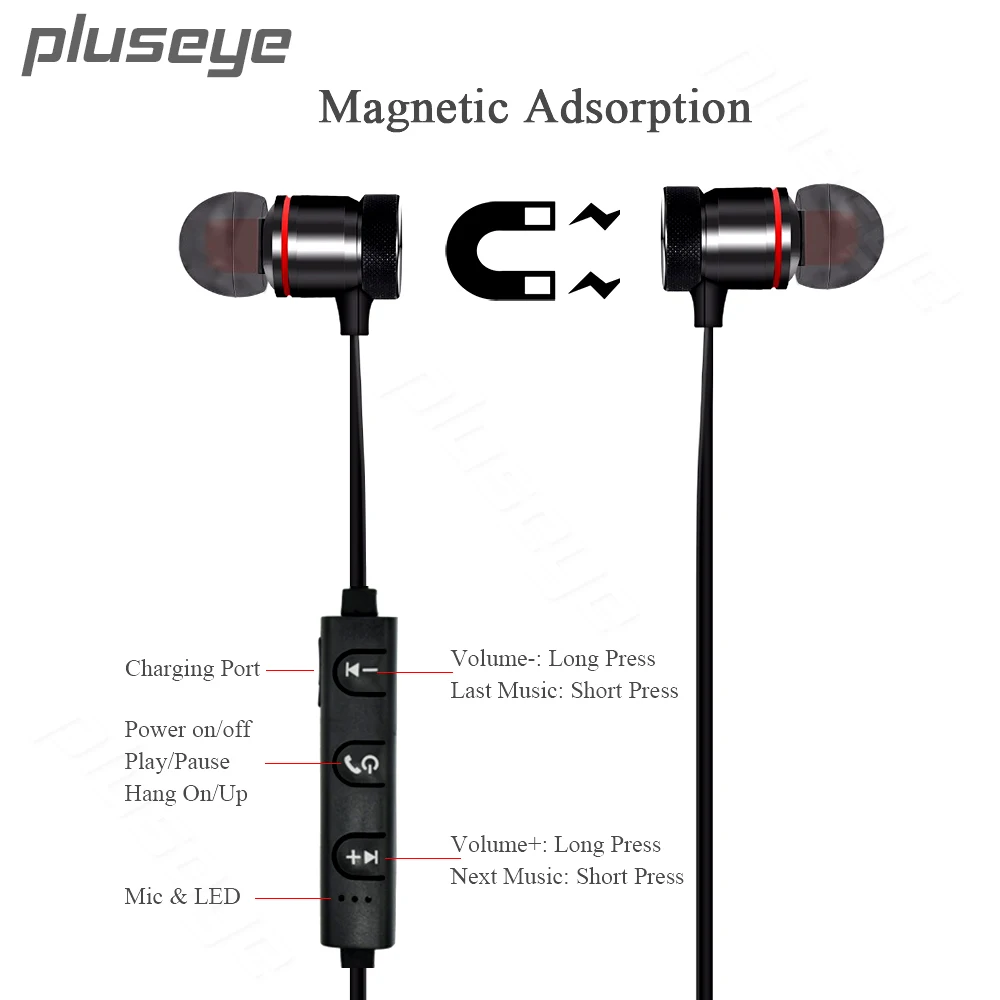 Pluseye Беспроводная bluetooth гарнитура спортивные наушники вкладыши с