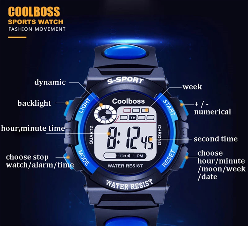 Мода Coolboss бренда детей часы Светодиодные цифровые часы детей Мальчики и девушки Студенческие многофункциональные наручные часы качества для детские Hot