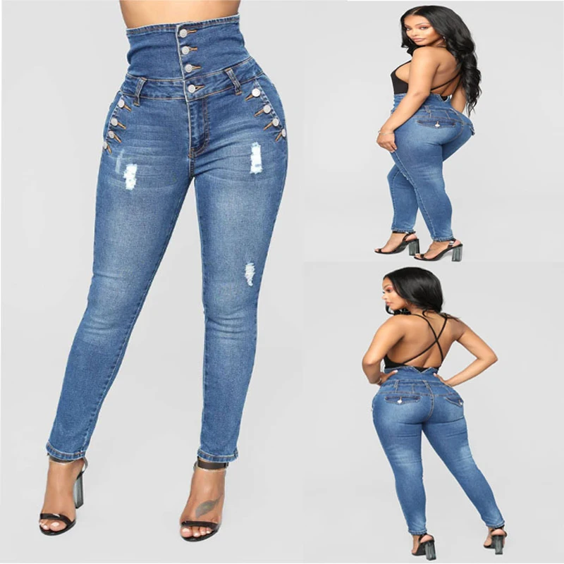 

Women's Blue Jeans New High Waist Four-Breasted Stretch Slim Slimming Jeans Skinny Fashion Sexy Hole Women Jeans Plus Size S-3XL