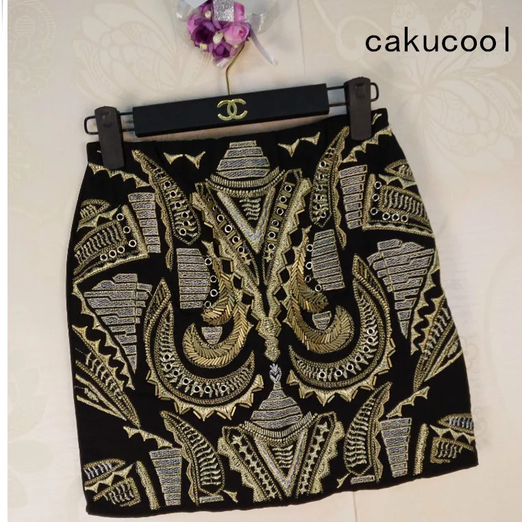 

Cakucool Women Vintage Sequined Mini Skirt Embroid Beading Bodycon Skirt Black white bling Geometric Empire Sheath Summer Skirt