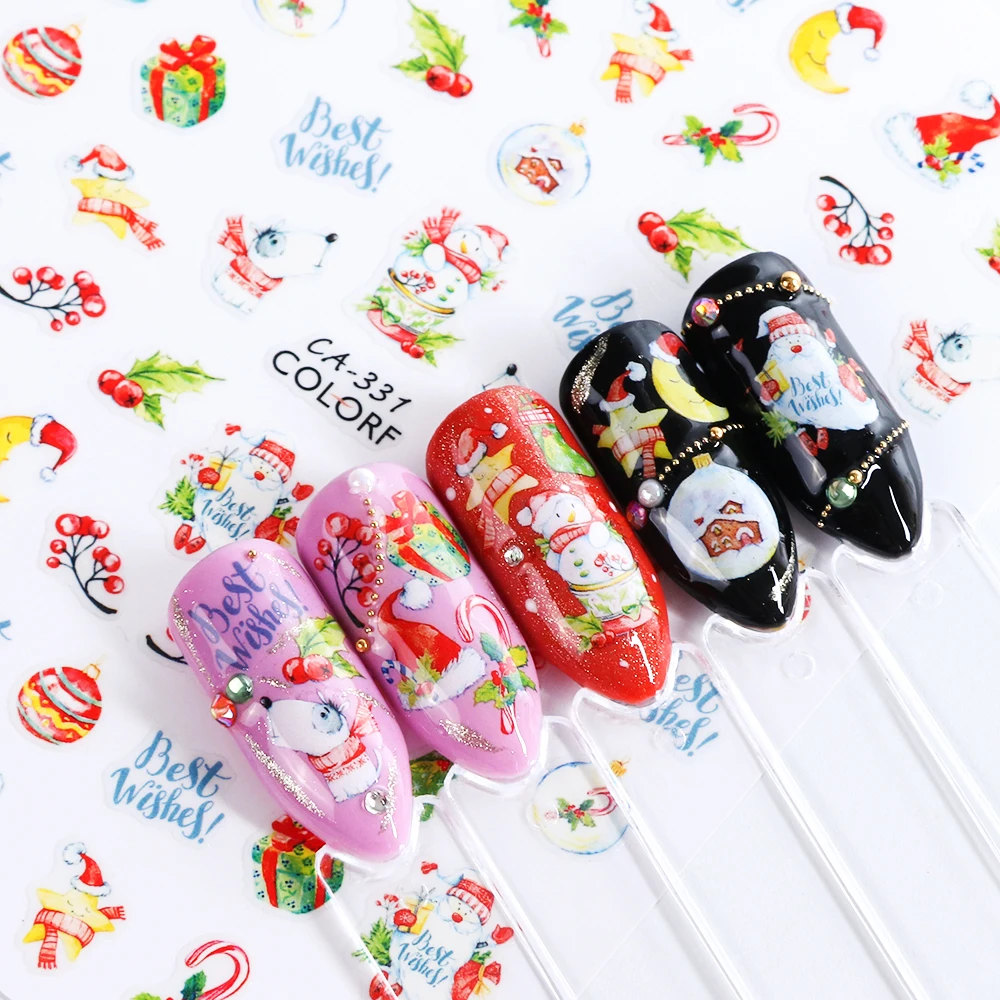 1 шт., зимние стикеры 3D на ногти Nail Art, клеящиеся, рождественские, Мультяшные, снеговик, Санта, цветы, слайдеры, наклейки, маникюрные украшения, TRCA329-337