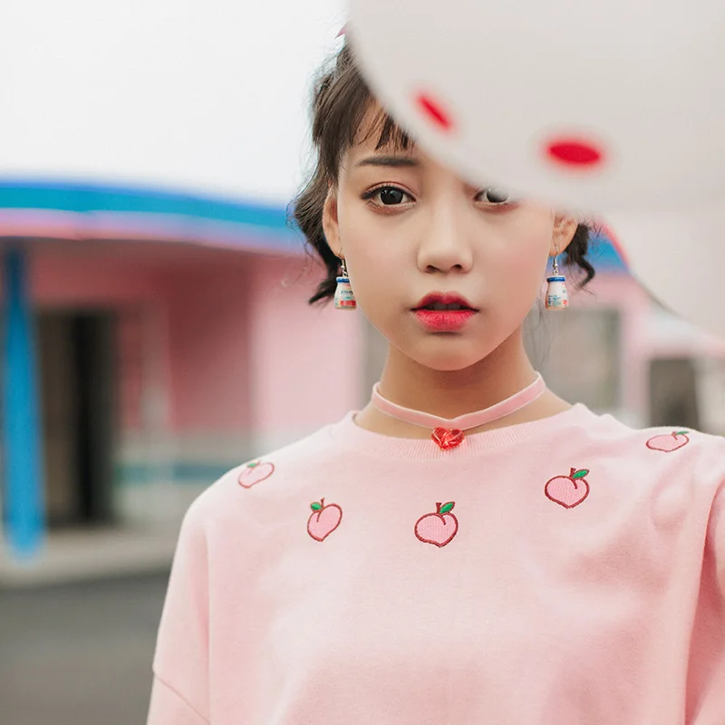 2018 Женская Туника Свитшот одежда в японском стиле Harajuku Ulzzang персиковый вышитый