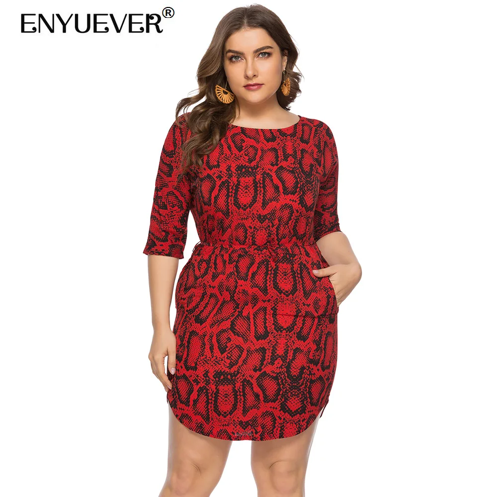 Enyuever Plus Size Snake Print Dress Women Summer 2019 Half Sleeve Vestido Casual Sexy Party Mini With Pockets Streetwear | Женская