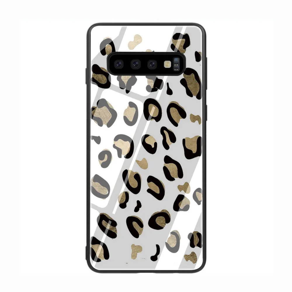 Леопардовый принт закаленное Стекло TPU черный чехол для Galaxy S7 Edge S8 S9 S10 Plus, Note 8, 9, 10, A10 20 30 40 50 60 70