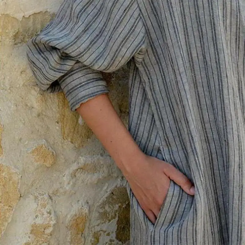 S-3XL платье Женская длинная рубашка полосатый воротник длинный рукав макси осень