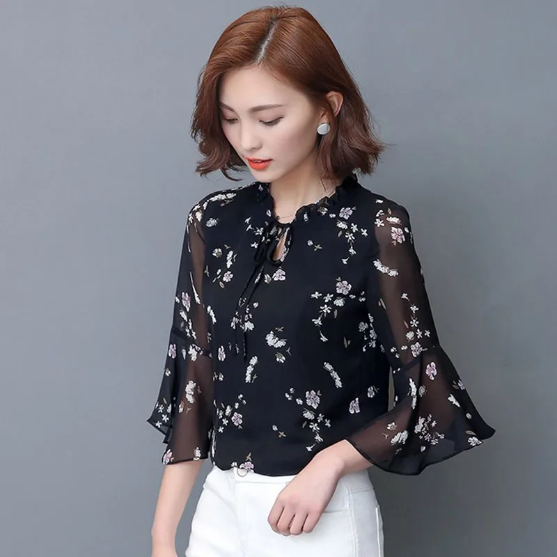 

Women Blouses Summer Bowknot Short Flare Sleeve Chiffon Blouse Floral Print Top Fashion Korean Clothes Blusa Feminino DF2287