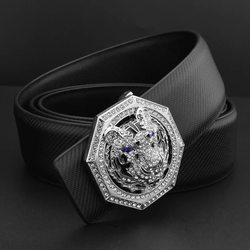 Black Silver-buckle Тигр золотой пряжкой высокого качества Роскошный бренд ceinture homme Повседневный ремень для мужчин из натуральной кожи поясной ремень широкий пояс - Цвет: Black Silver-buckle