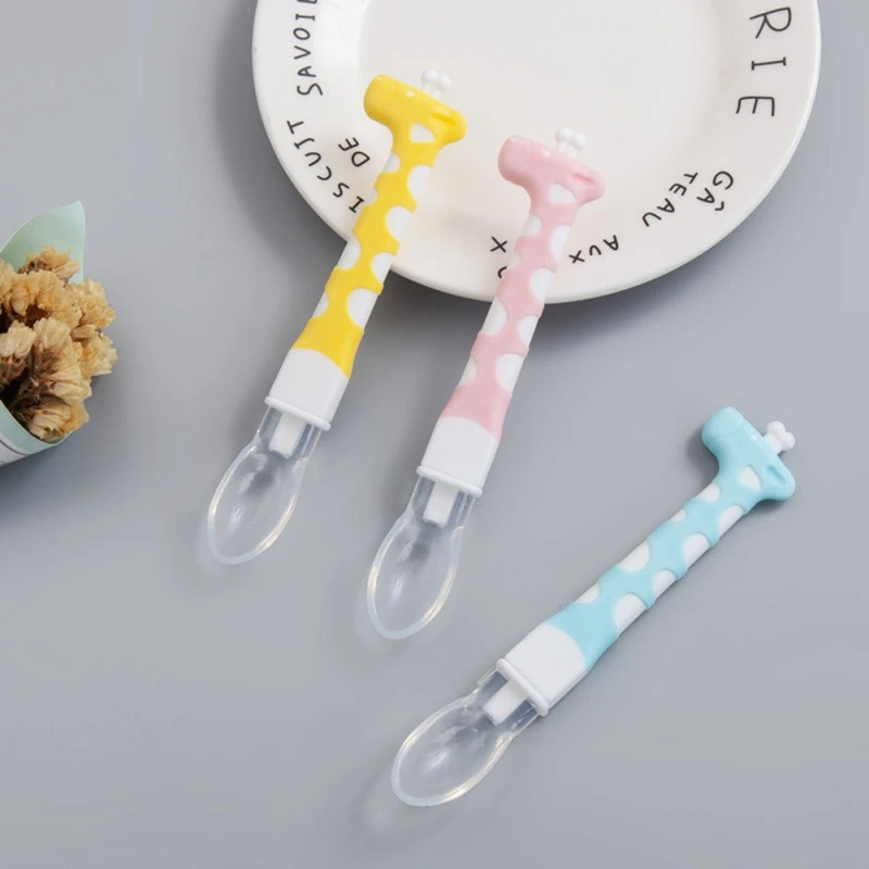 Three Color Optional Creative Cartoon Giraffe Bending Easy Take Elbow Training To Eat Feeding Practice Transparent Baby Spoon | Мать и