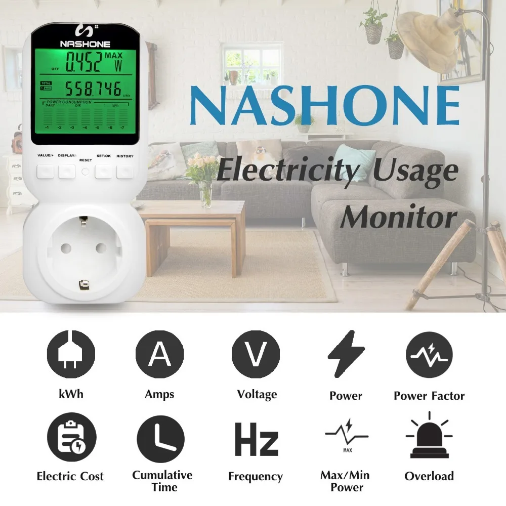 Nashone домашний счетчик энергии AC 220V lcd микро измеритель мощности розетка/регистратор электропитания ватт монитор электричества EU/US/UK вилка