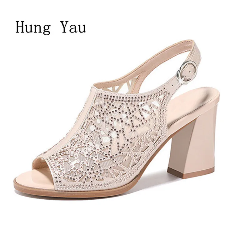 

Woman Sandals Shoes 2019 Summer Style Peep Toe Pumps High Heels Thick Hollow Sexy Women Fashion Bling Breathable Buckle Strap