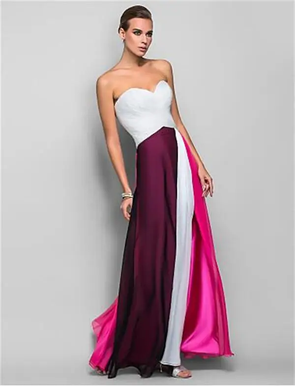 

Special Design Multi Color Split Front Sweetheart Neck Off Shoulder Long Sleeveless A-line Chiffon Formal Evening Dress