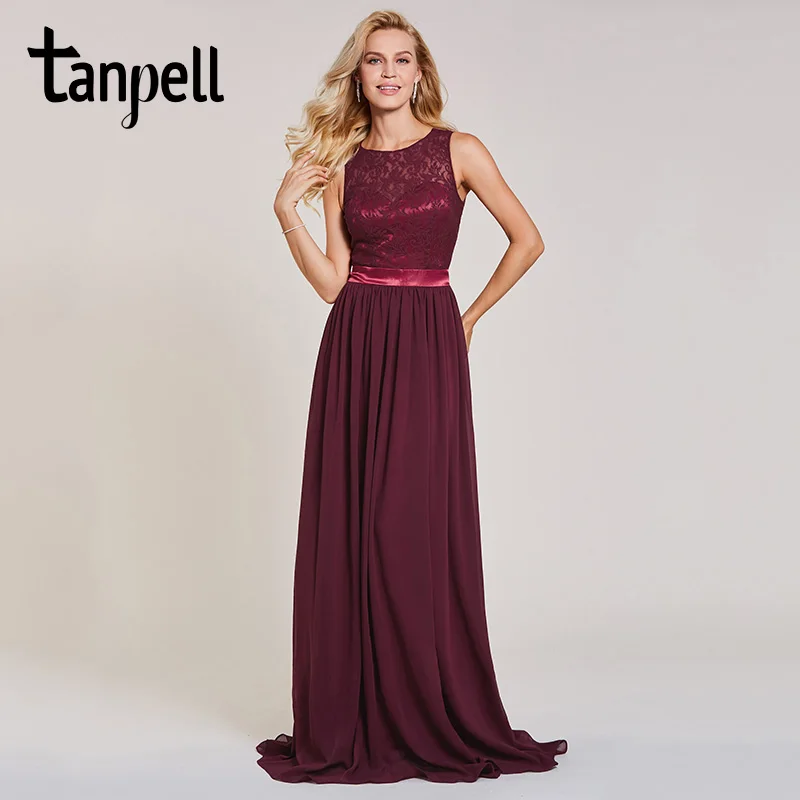 

Tanpell backless evening dress rust red sleeveless lace floor length a line gown women scoop wedding party long evening dresses