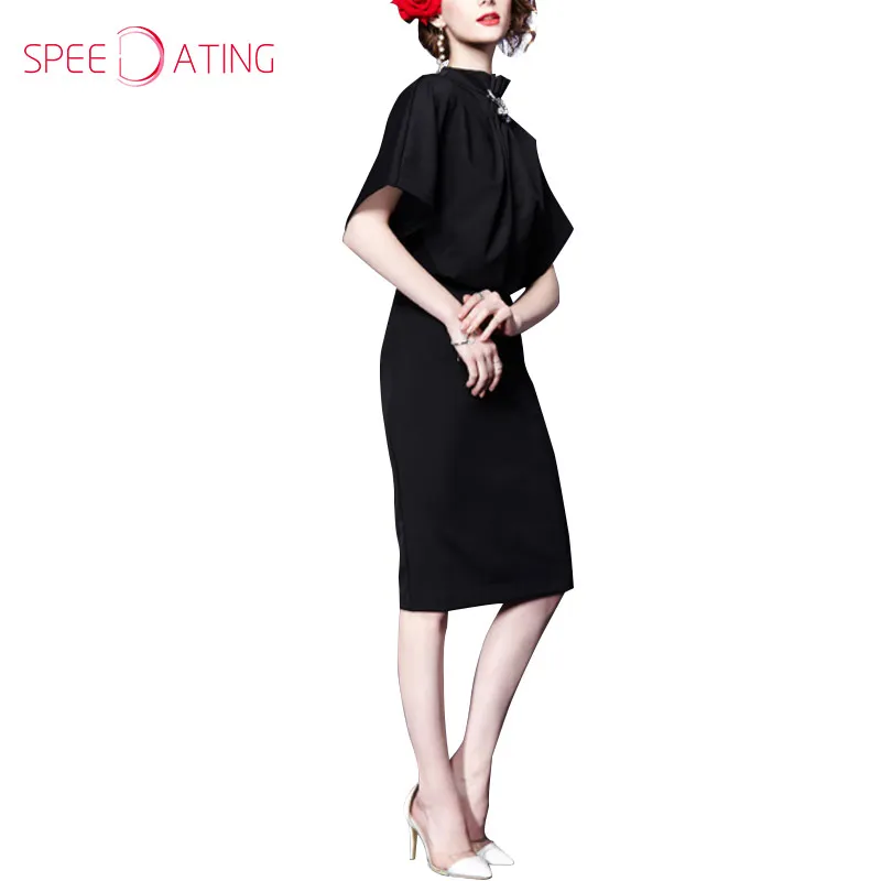Vintage Fashion Band Collar Batwing Sleeve Brooch Midi Bodycon Dress Short High Neck Women Party Dresses 2017 SPEEDATING | Женская