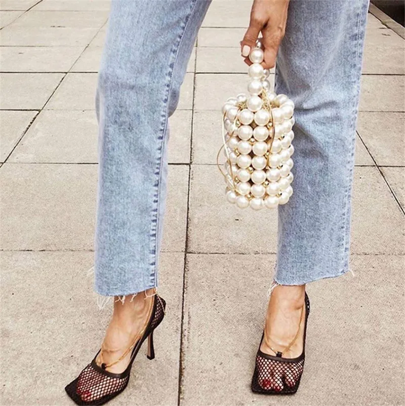 Personality Shoes Woman High Heels Square Head Mesh Sandals Ankle-Wrap Chains Women Single Shoes zapatos de mujer