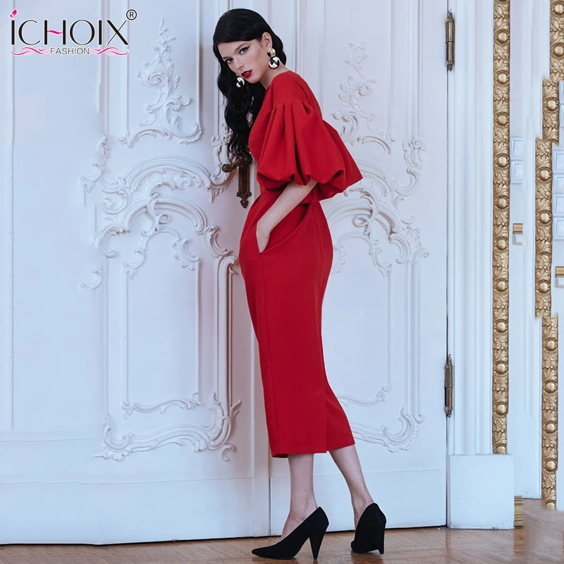 ICHOIX женское вечернее длинное платье с круглым вырезом и пышными рукавами