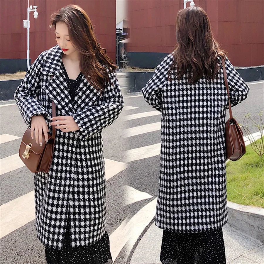 Hodisytian Winter Fashion Women Wool Blends Houndstooth Trench Coat Casual Block Check Thick Cardigan Female Cashmere Overcoat | Женская