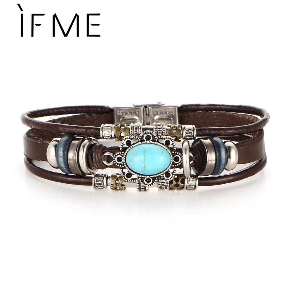 Мужской винтажный браслет IF ME большой голубой камень плетеный кожаный в стиле