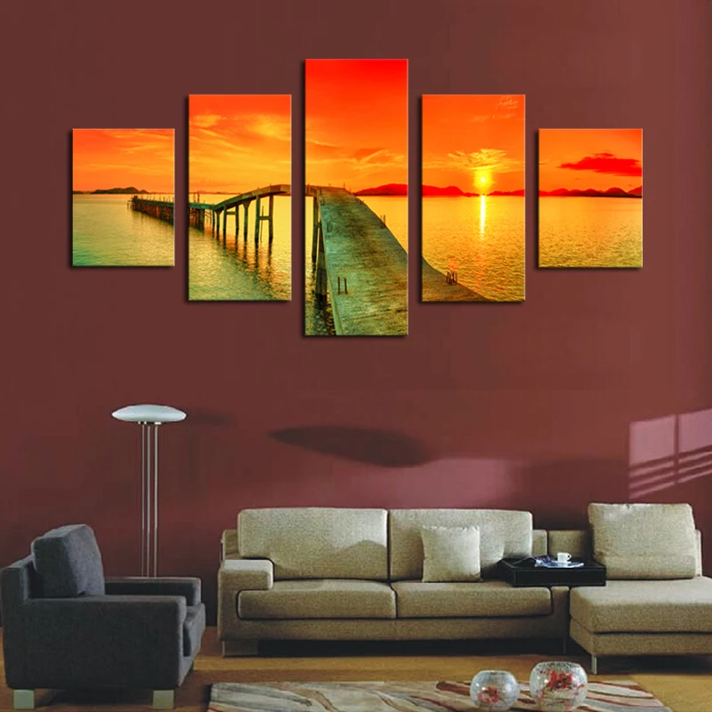 5 панелей без рамки Современная мост на закате морской пейзаж Картина холсте