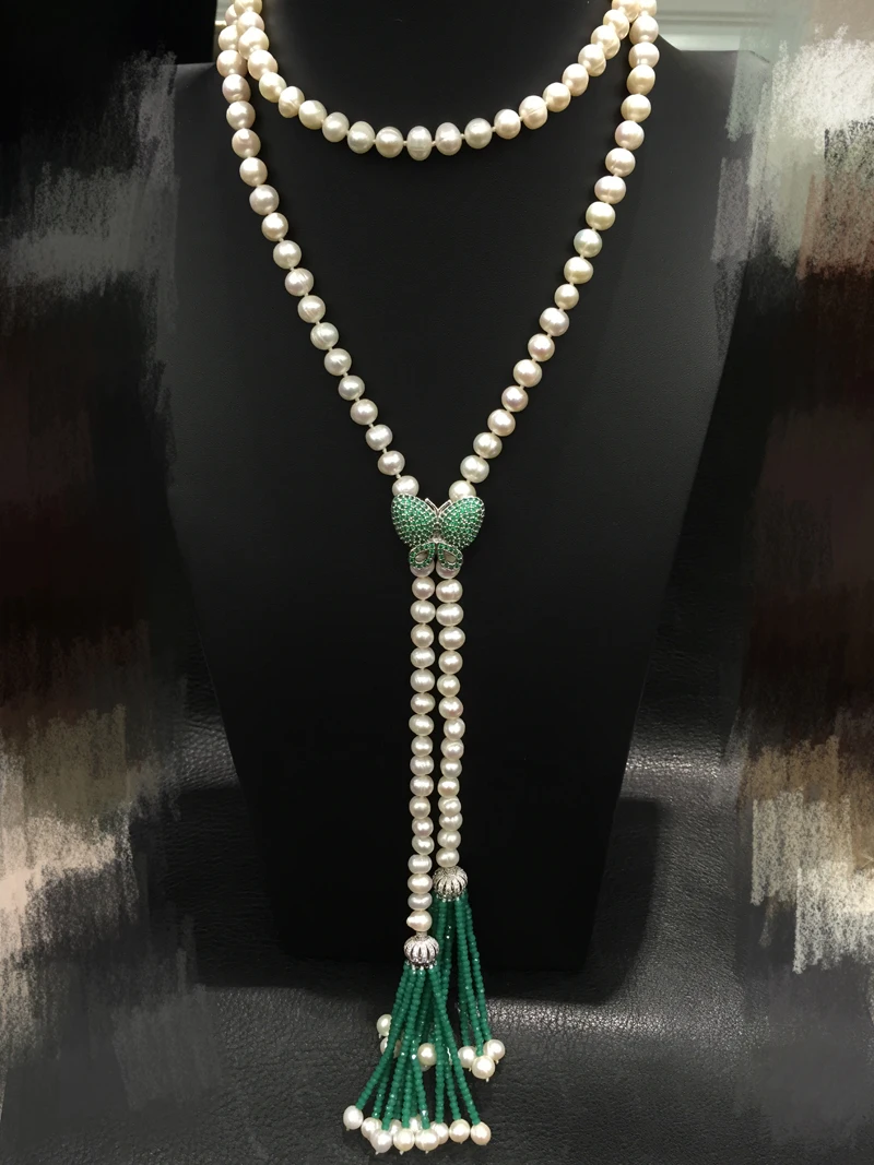 Длинное ожерелье из пресноводного жемчуга с зеленой кисточкой Модные женские