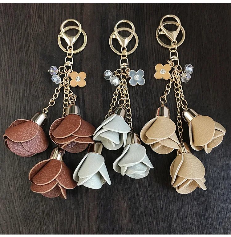18colors charm leather rose flower key chains cute tassel keychains women keychain bag purse pendant jewelry | Украшения и