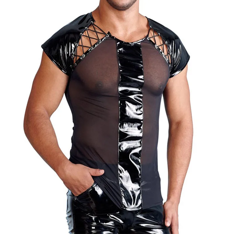 

Black Transparent Men Mesh Side Sexy Faux Leather PVC Tops Pole Dance Costume Gay Addicted Clothing Lace Up Front Men Clothes
