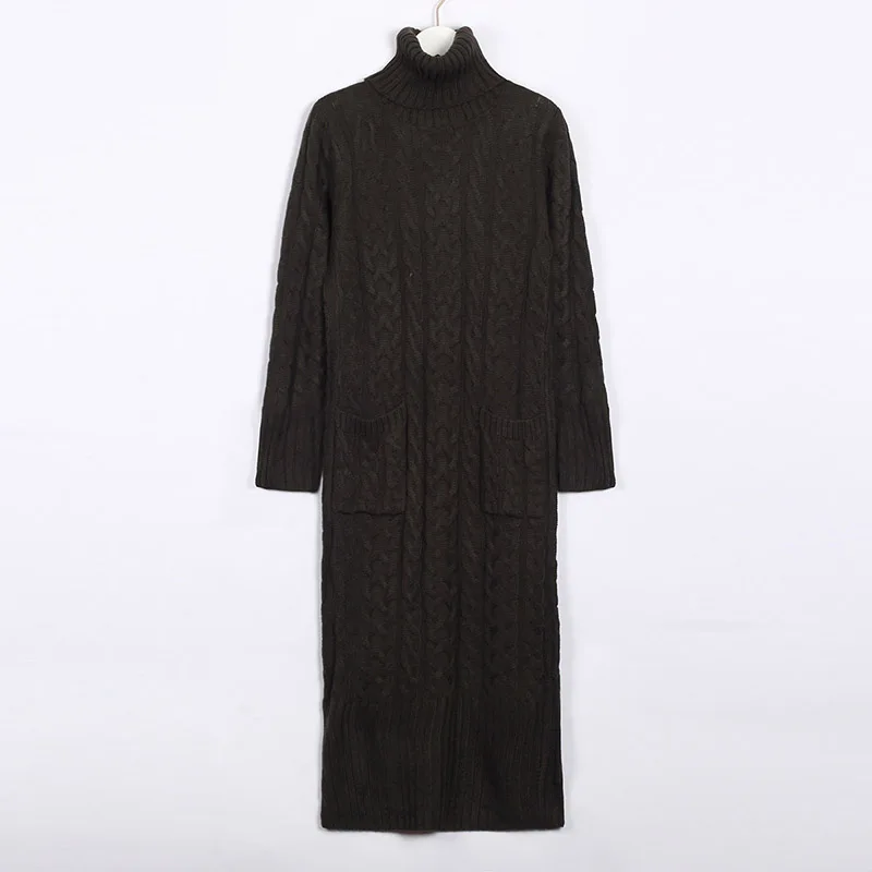 Wixra Knitted Dress Autumn Winter Solid Turtleneck Mid-Calf Pockets Sweater Dresses Women's Clothing - Цвет: Dark Dray