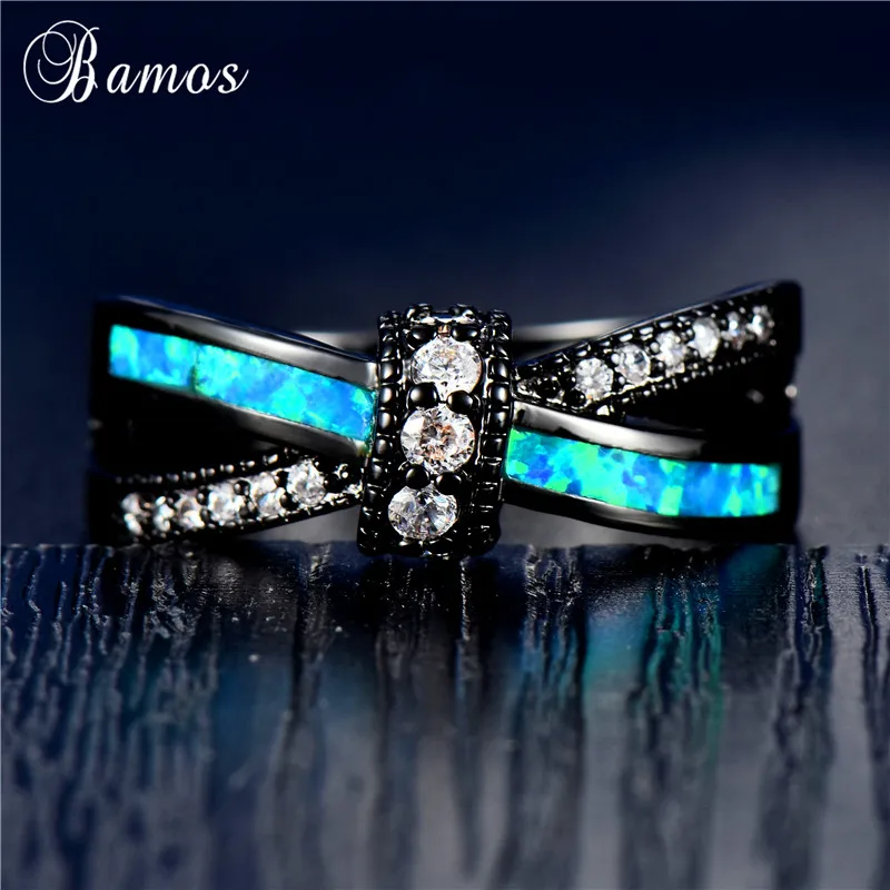 Bamos Blue/White Fire Opal Cross Ring Mutilcolor Knot For Women Men Punk Black Gold Filled Crystal Jewelry Couple Best Gift | Украшения и