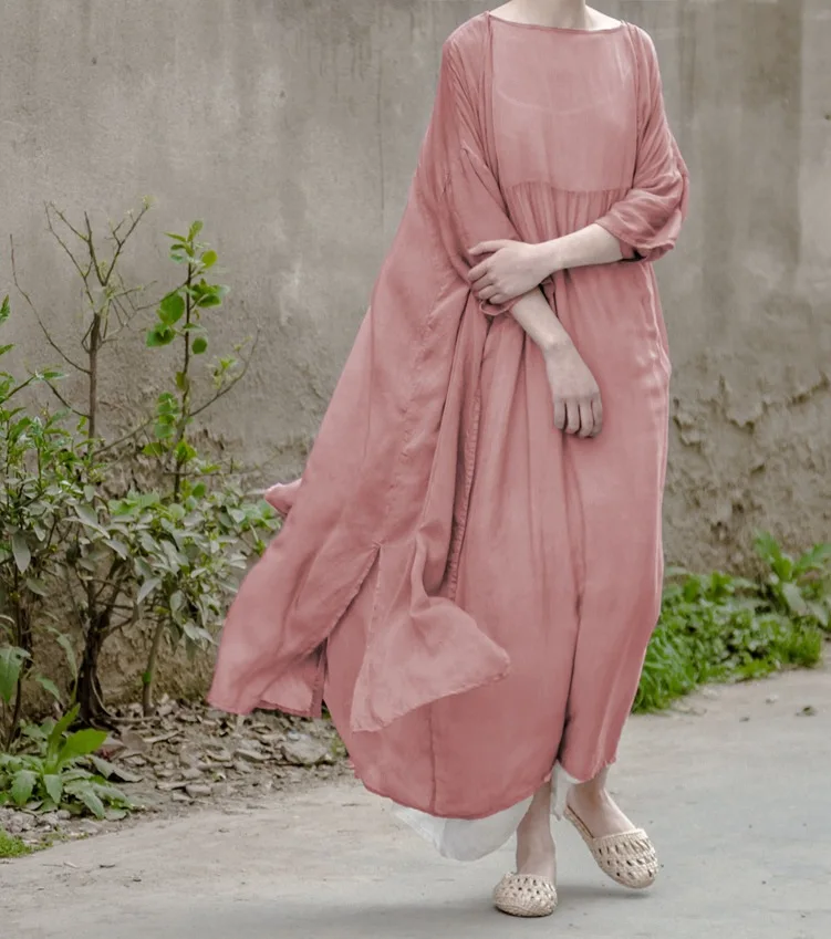 Женское длинное шелковое платье винтажное однотонное свободного покроя из