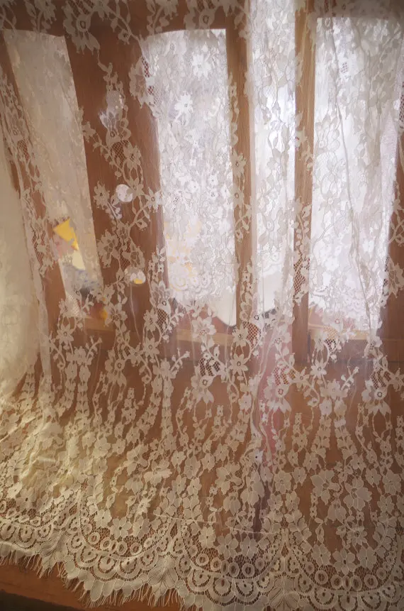 

3 yards Off White Chantilly Lace Fabric French Lace Fabric With Eyelash Scalloped Border Bridal Lace Fabric