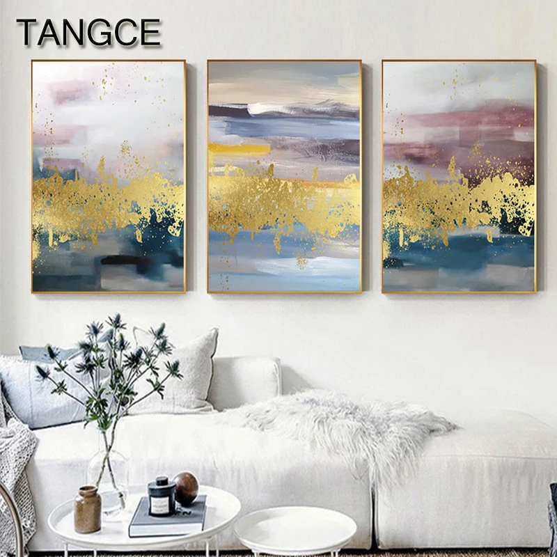 

Abstract Foil Fog Painting Canvas Art for Living Room Aisle Poster Print Gold Wall Art Abstractos Dorados Modern Tableau Salon