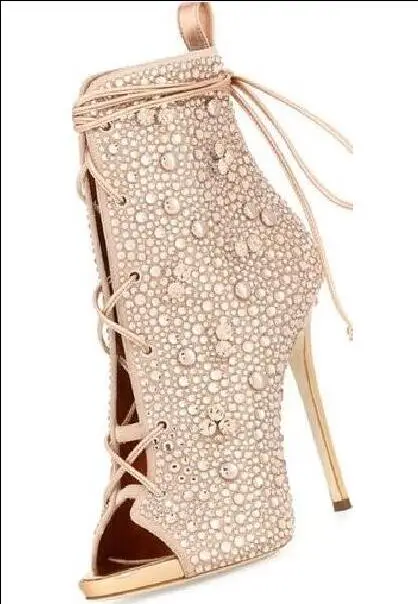 hot sale woman lace up high heel boots rhinestones peep toe ankle |
