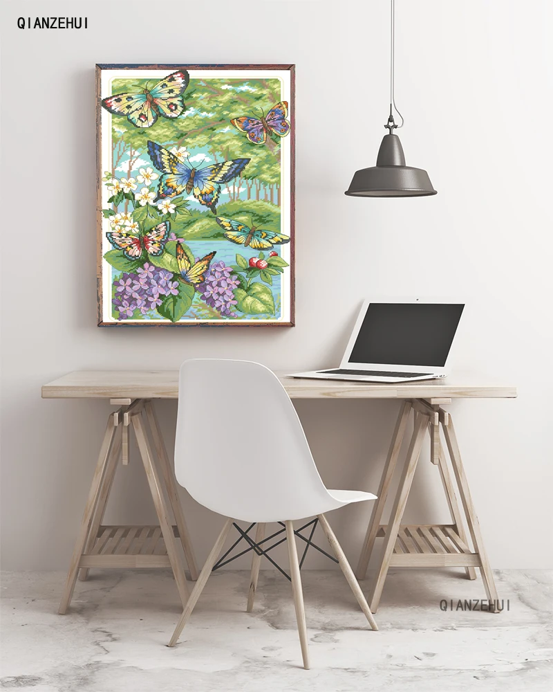QIANZEHUI Needlework DIY Butterflies fly in the forest Cross stitch Sets For Embroidery kits Cross-Stitching Wall Home Decro | Дом и сад